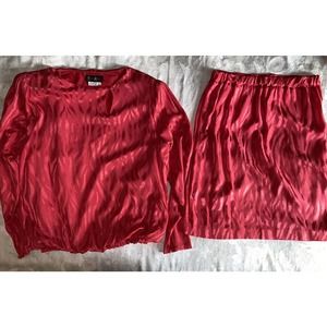 Saint Romei Vintage 100% Silk Red Top and Skirt size 10 stripes elastic Waist